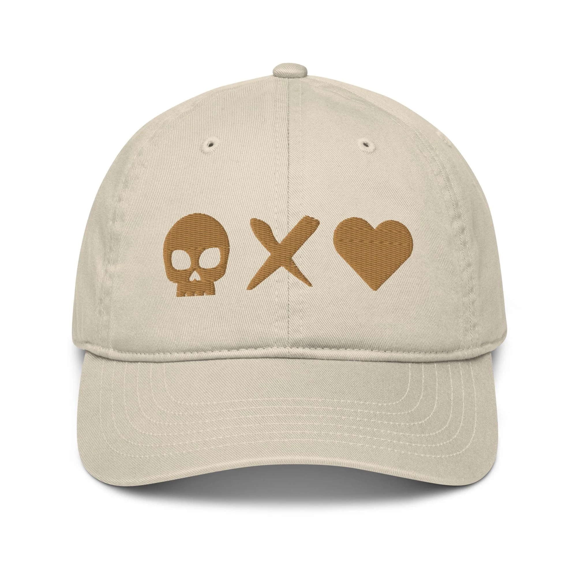 gorra-beisbol-algodon-organico-corazon-calavera-oro-viejo