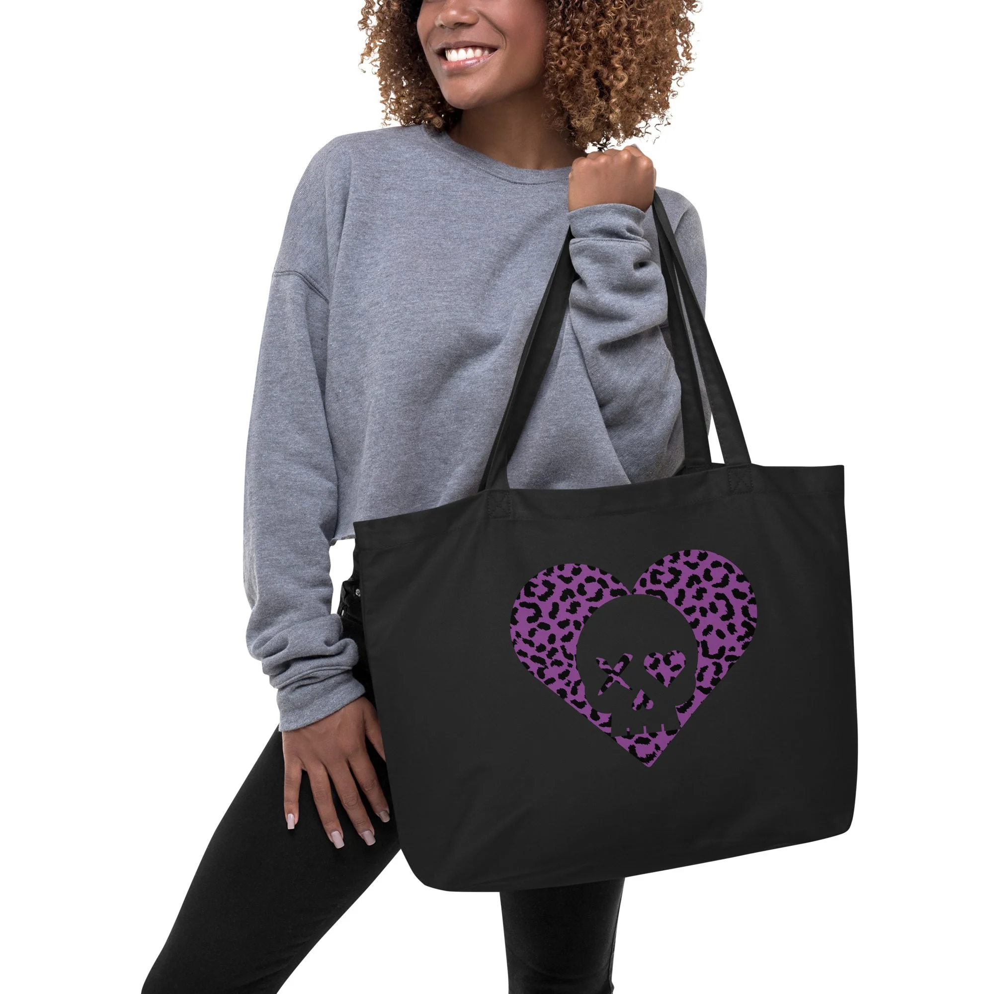 Bolso ecológico grande corazón calavera leopardo morado