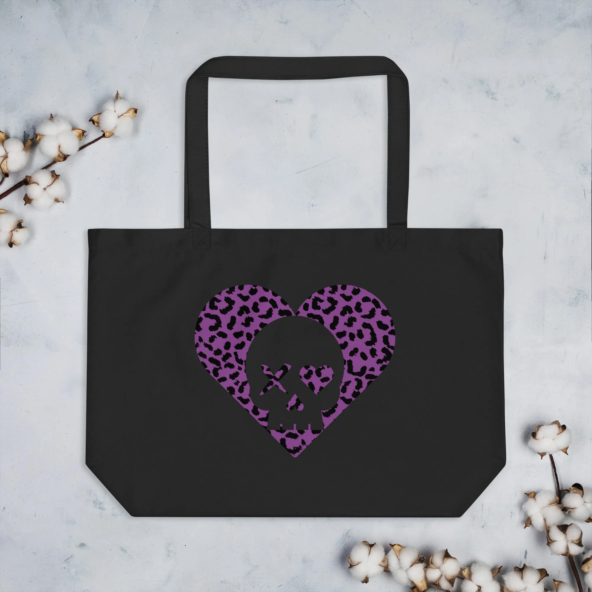 Bolso ecológico grande corazón calavera leopardo morado - Imagen 2