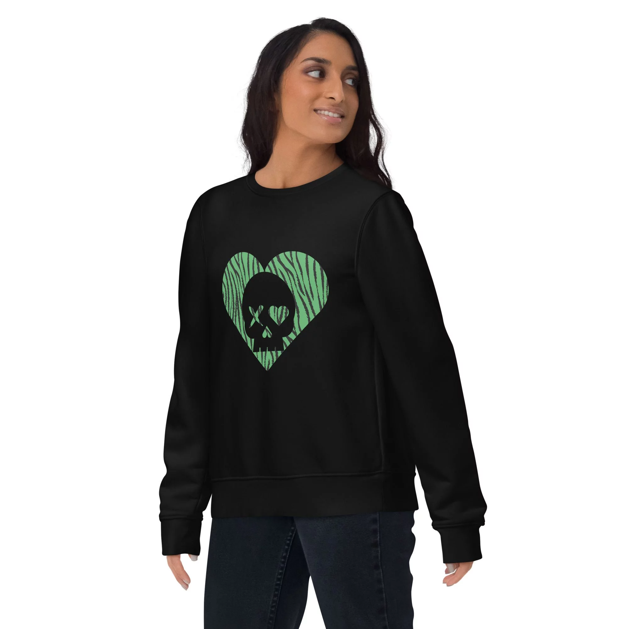 Sudadera unisex corazón calavera cebra verde - Imagen 3