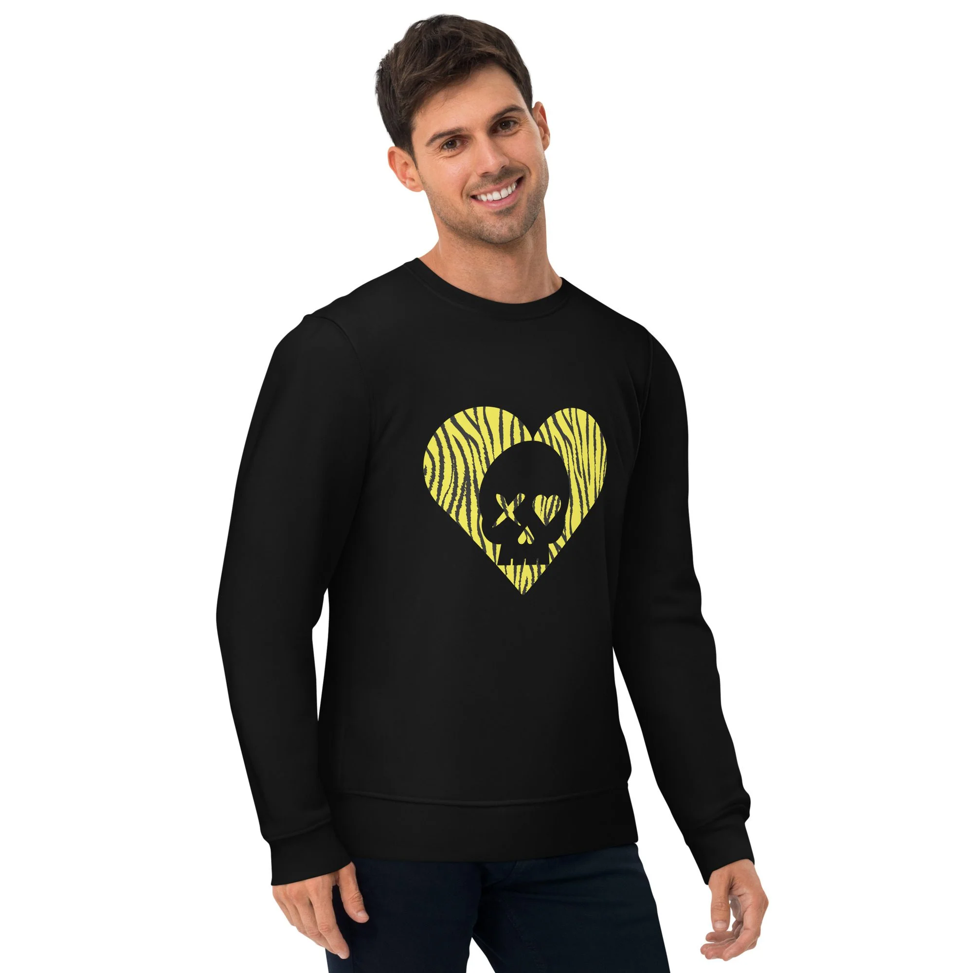 Sudadera unisex corazón calavera cebra amarilla - Imagen 3