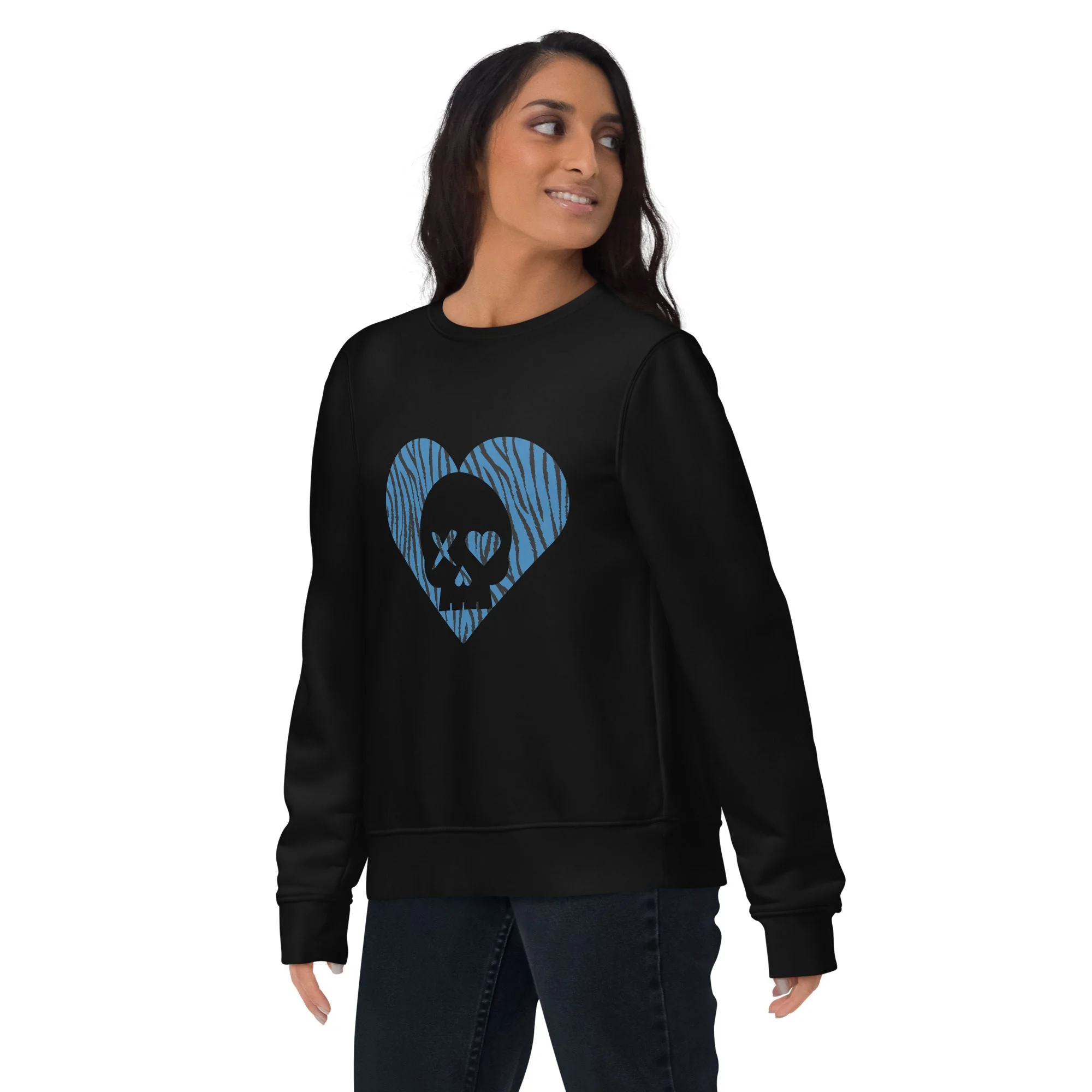 Sudadera unisex corazón calavera cebra azul - Imagen 3