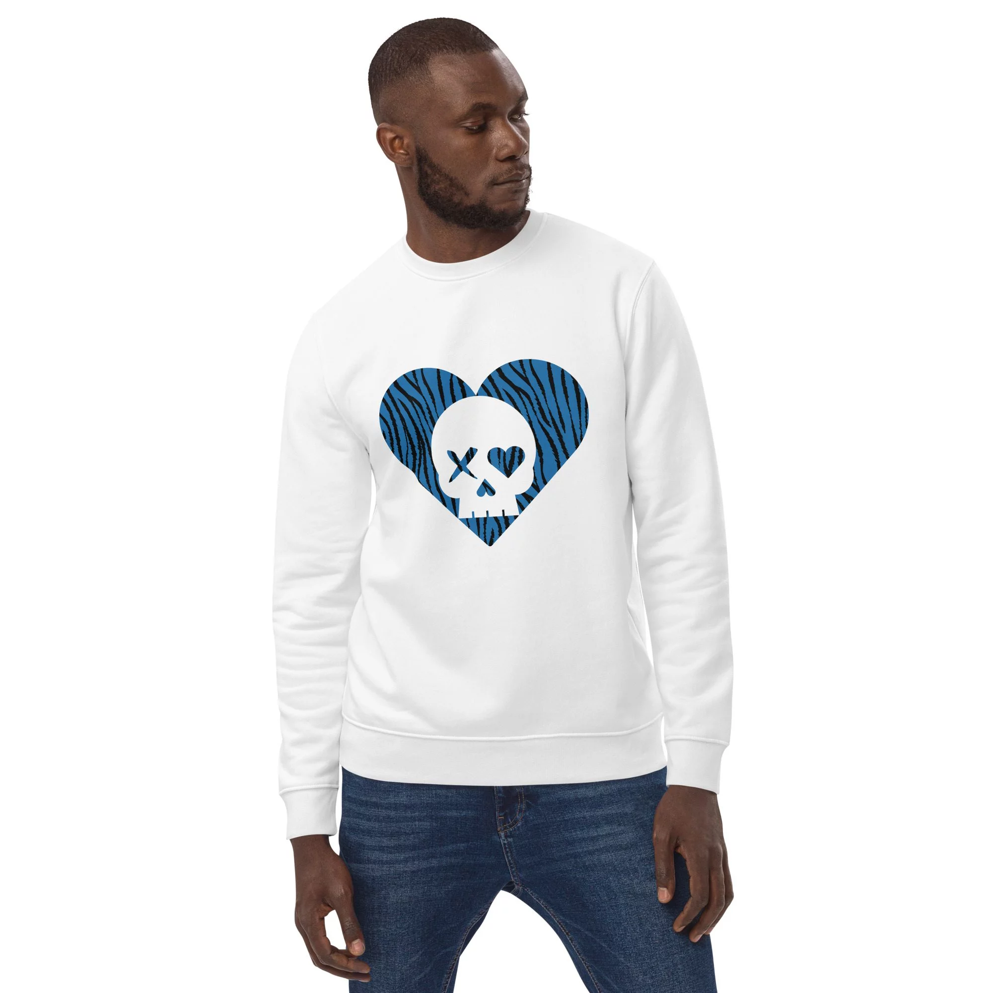 Sudadera unisex corazón calavera cebra azul - Imagen 4