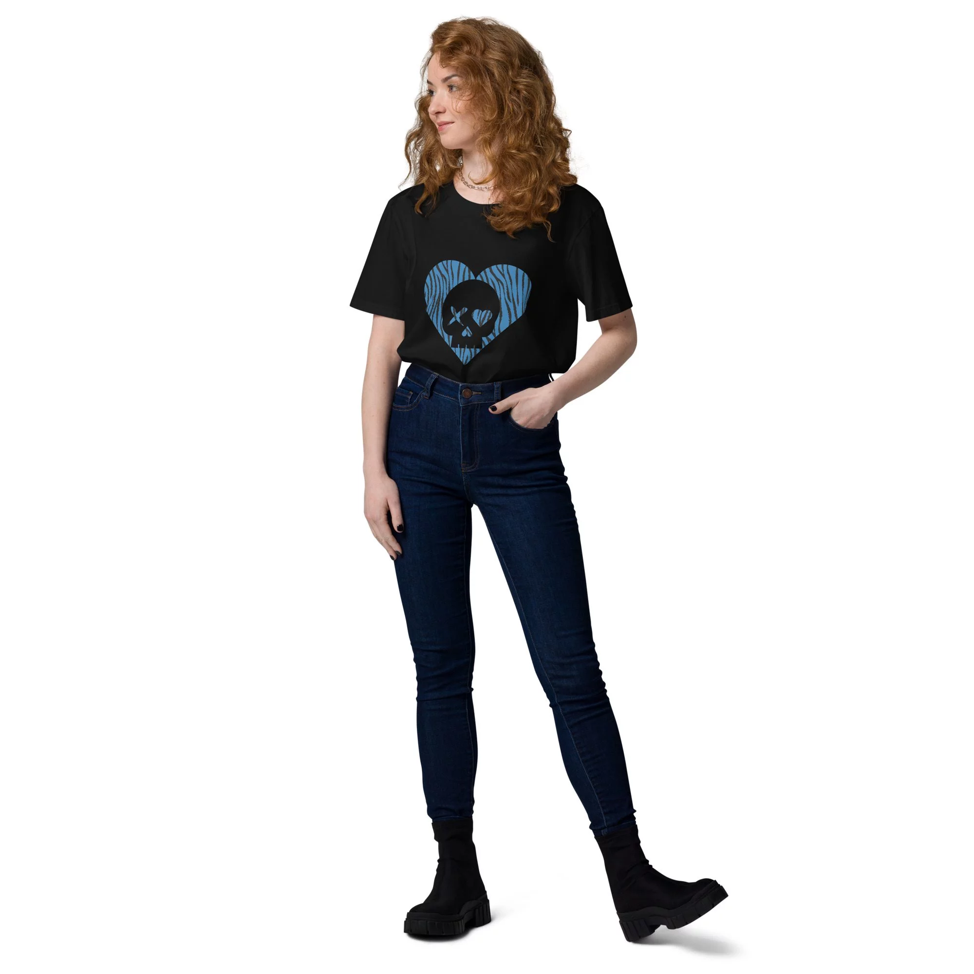 camiseta unisex corazón calavera cebra azul