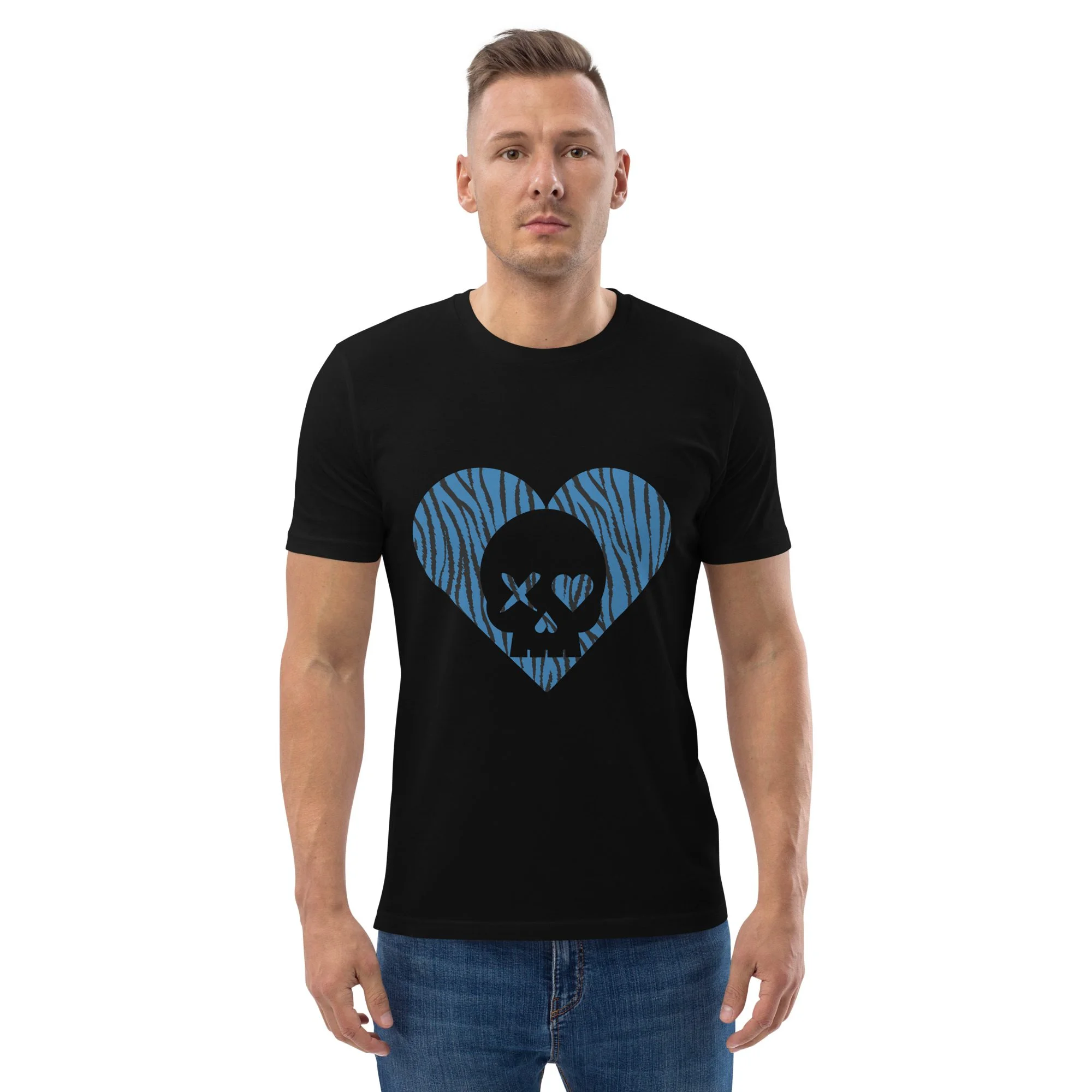 camiseta unisex corazón calavera cebra azul - Imagen 3