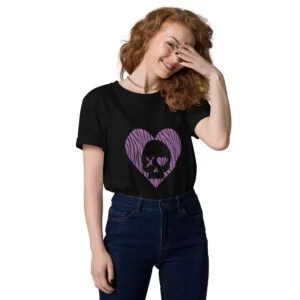 camiseta unisex corazón calavera cebra morada