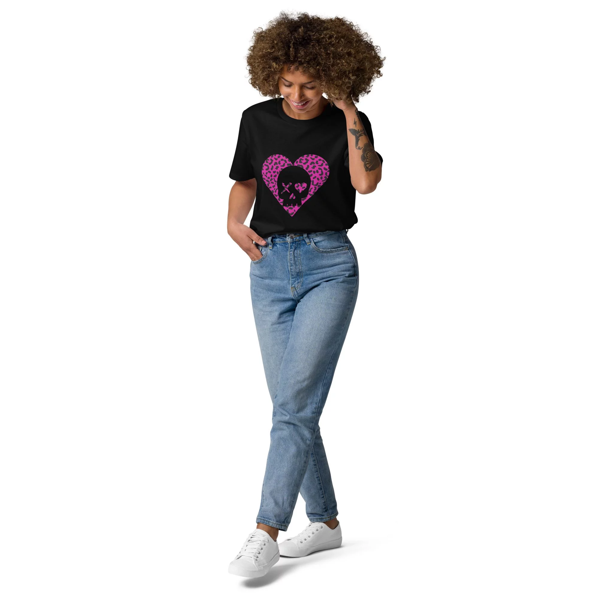 camiseta unisex corazón calavera leopardo rosa - Imagen 4