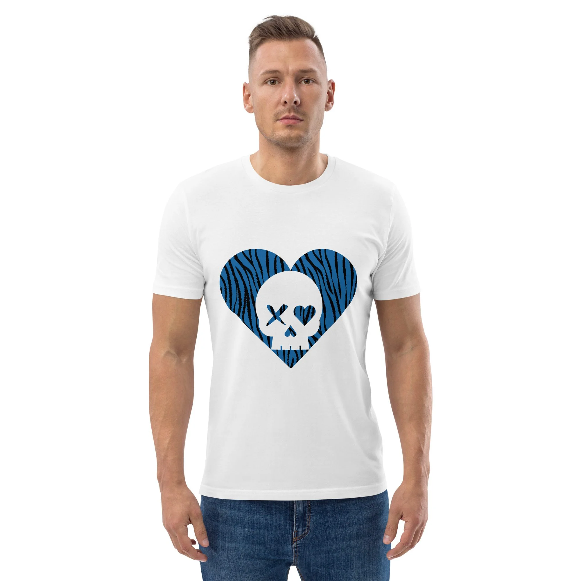 camiseta unisex corazón calavera cebra azul - Imagen 2
