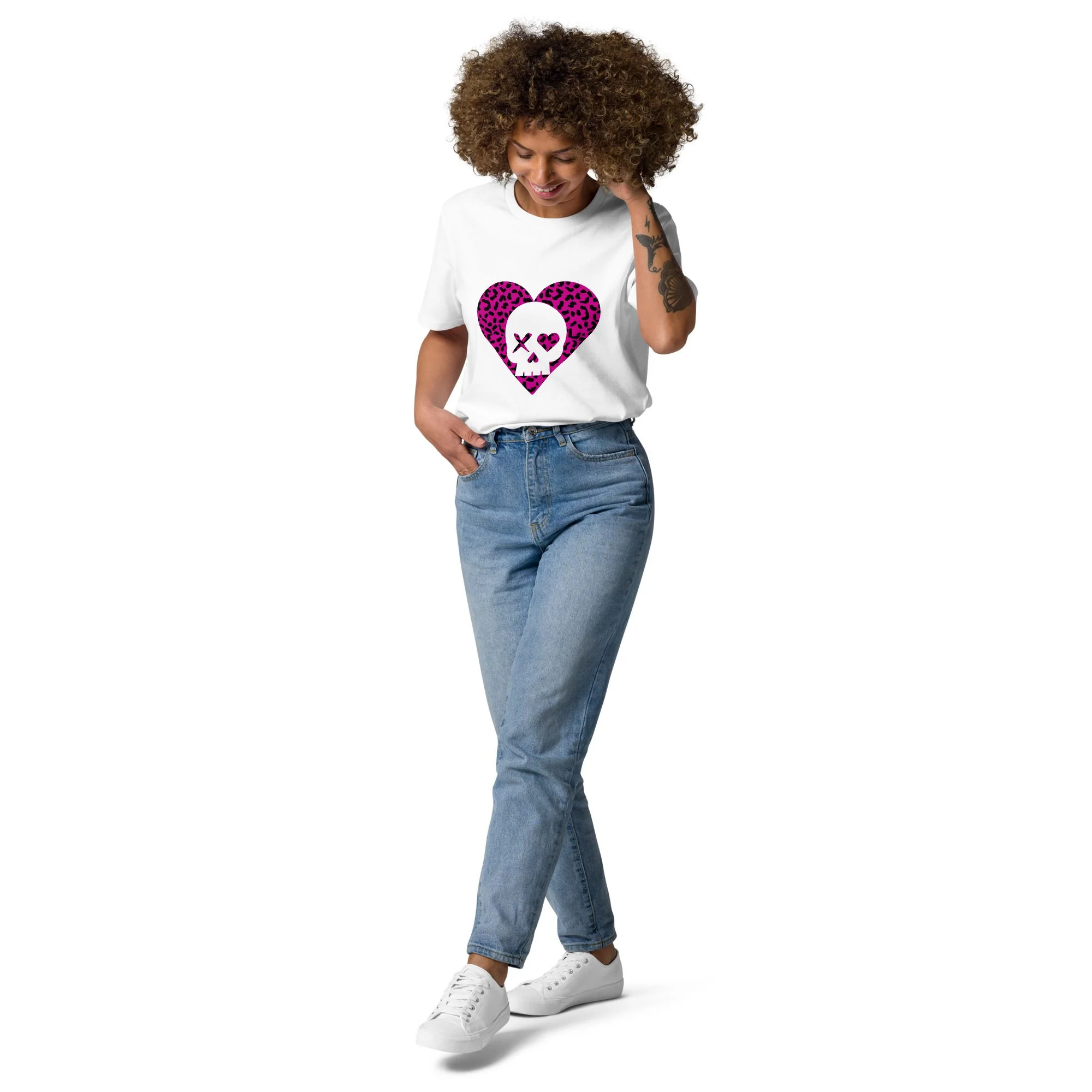 camiseta unisex corazón calavera leopardo rosa
