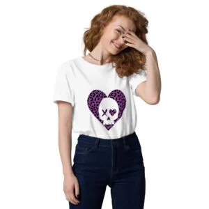 camiseta unisex corazón calavera leopardo morado