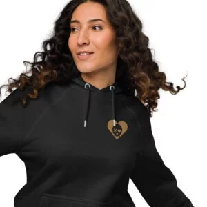 Sudadera capucha unisex negra corazón calavera bordado