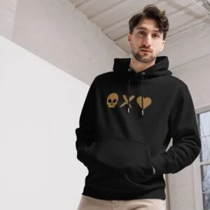 Sudadera capucha unisex negra calavera x corazón bordado